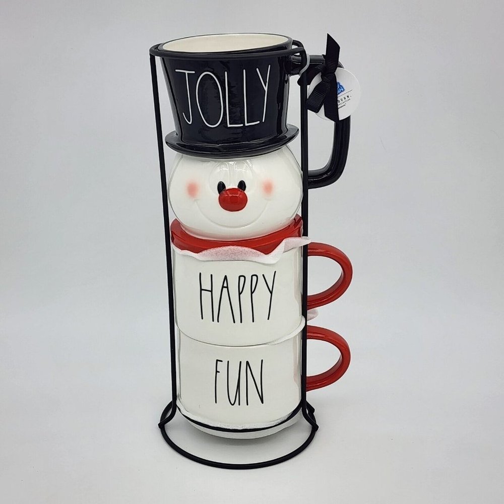 RAE DUNN Holiday Christmas  "JOLLY HAPPY FUN" Frosty The Snowman Mug Stacker